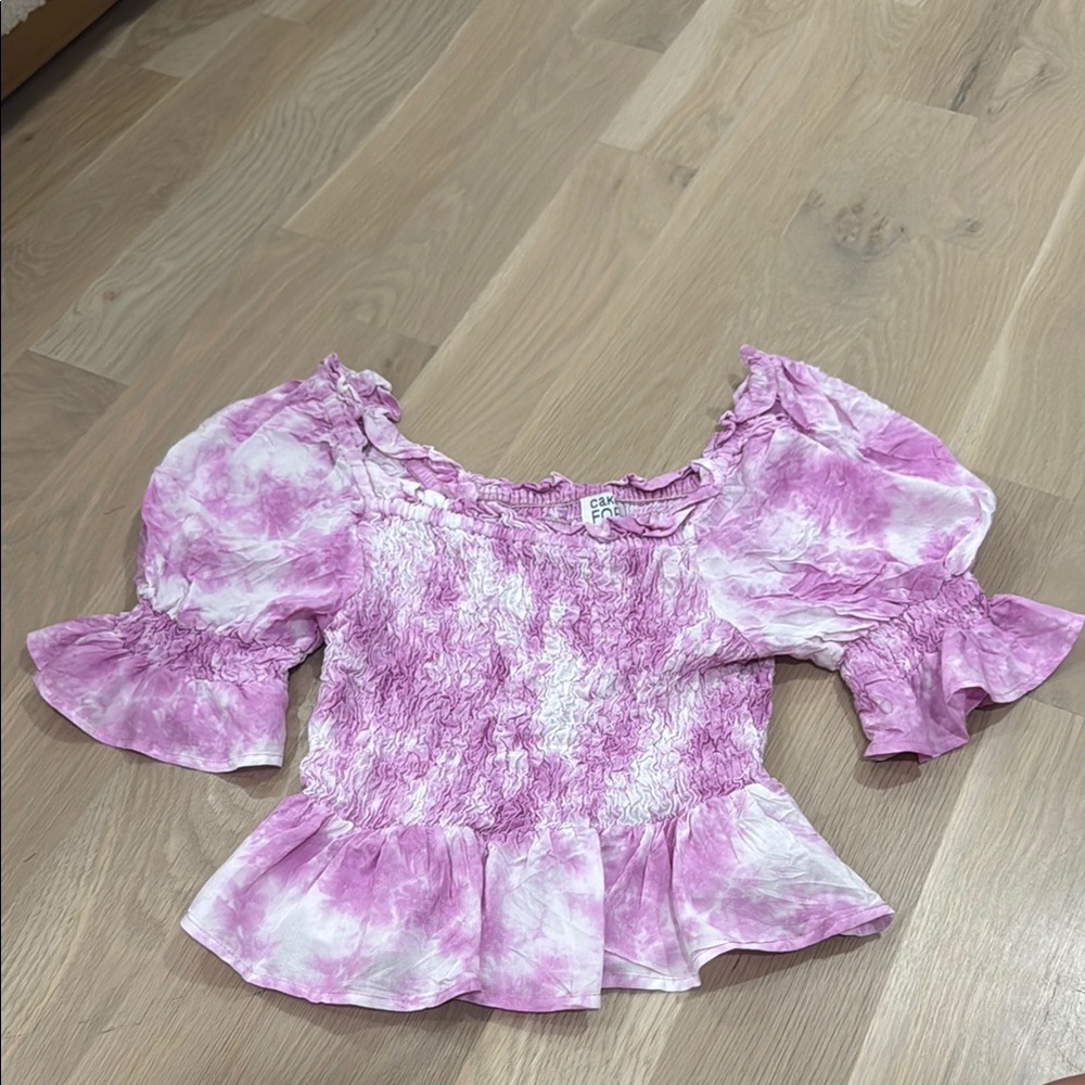 Pink and White Smocked Peplum Blouse with 3/4 Ruffled Sleeves